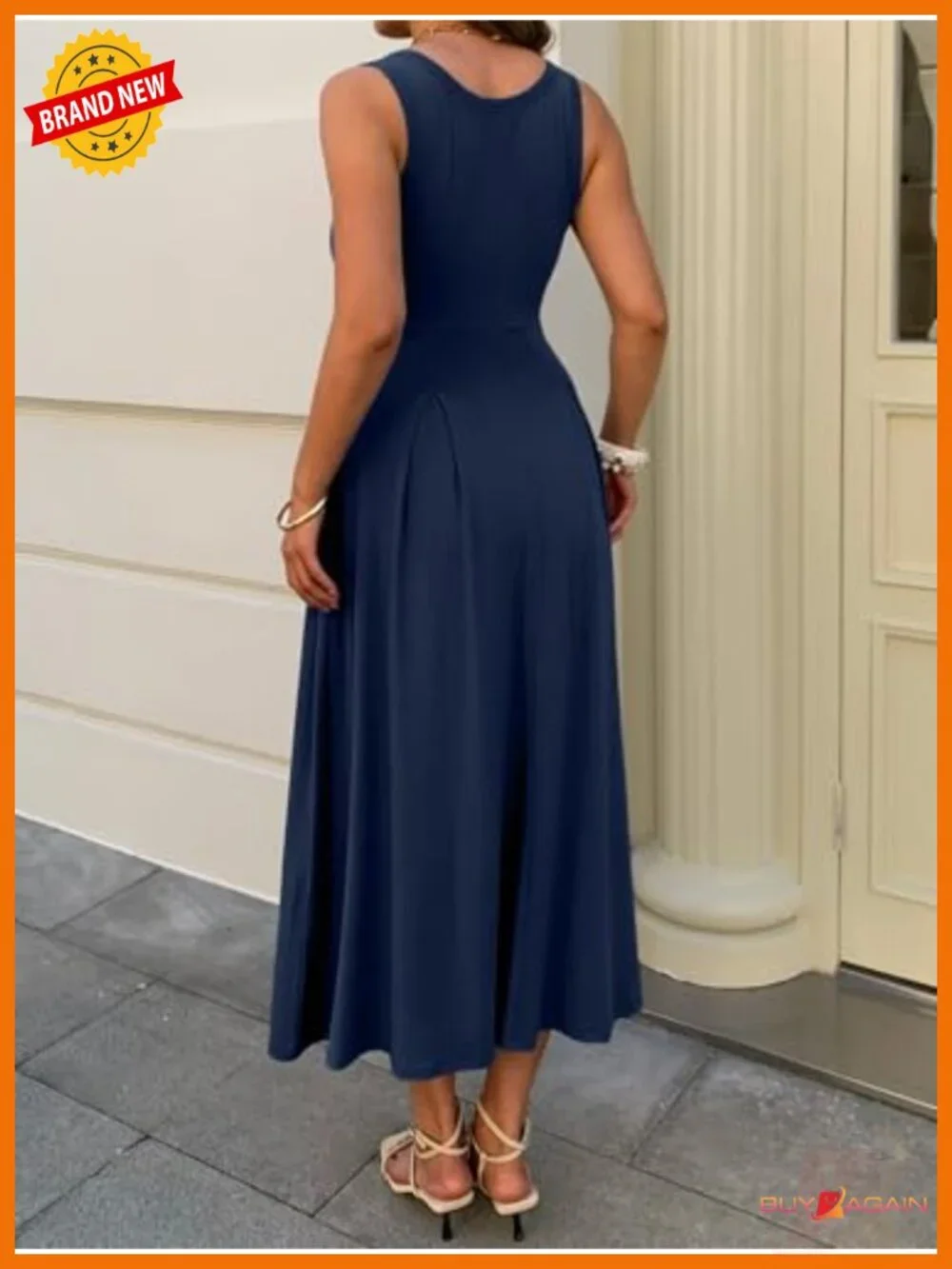 Sleeveless Empire Maxi Dress Square Neck A-Line Pleated Flowy with Pockets